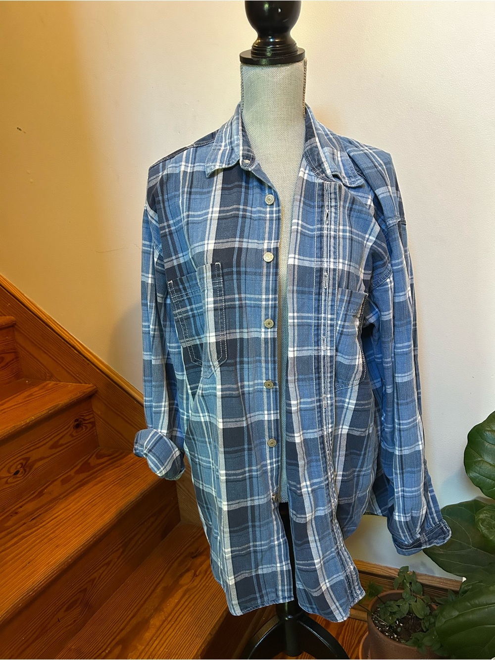 Blue Plaid Long-Sleeve Men's Shirt 100% Cotton